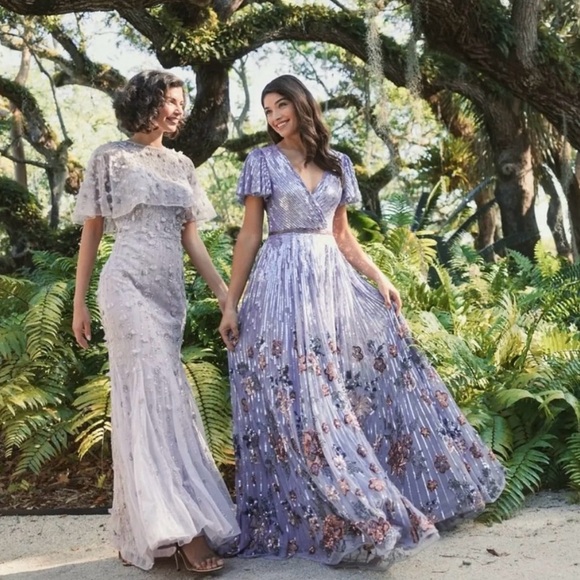 MAC DUGGAL Sequin Embellished A Line Flounce Sleeve V-Neck Gown Lilac Size 14 - Picture 4 of 10